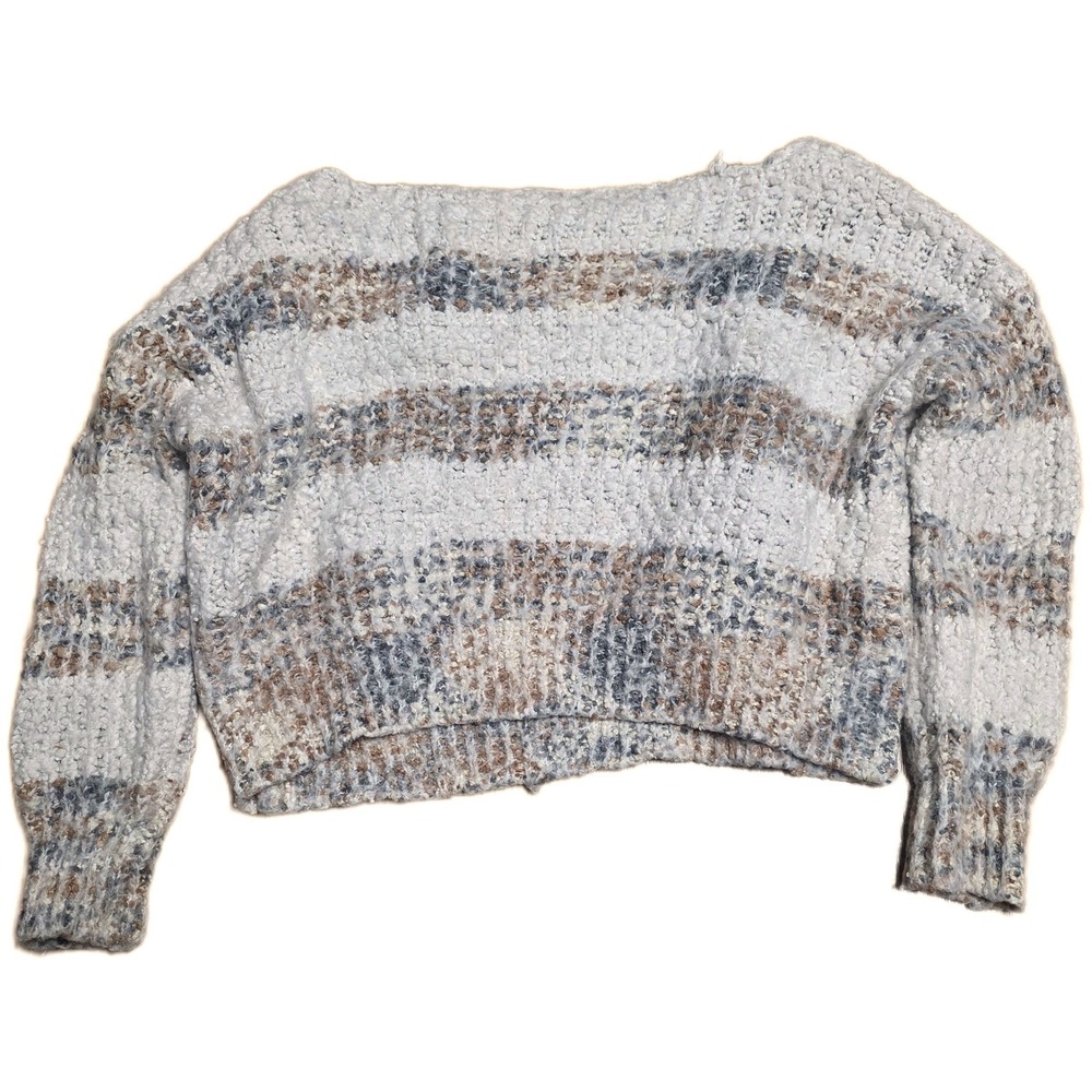 FOREVER 21 Striped Fuzzy Knit Cropped Sweater Women's Size M White Light Brown